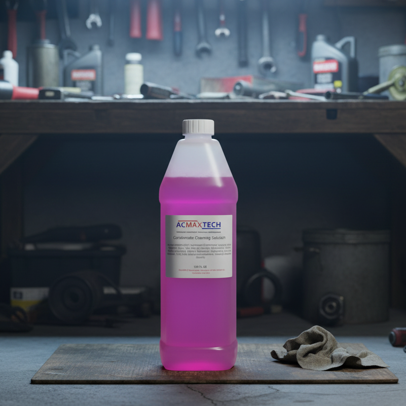 Pink bottle of AC MAXTECH solution on a workbench with tools in the background