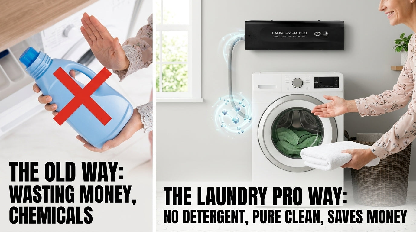 Comparison of traditional laundry methods with a zero-detergent approach, showing a bottle with a red cross and a washing machine with laundry.