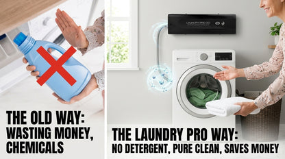 Comparison of traditional laundry methods with a zero-detergent approach, showing a bottle with a red cross and a washing machine with laundry.